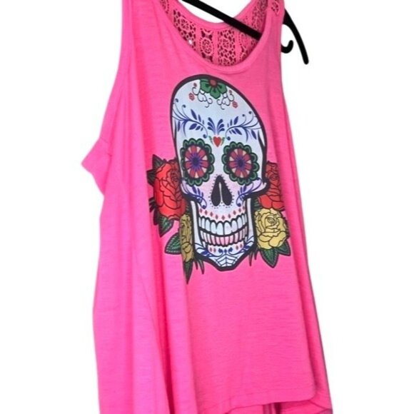 Pink High Low Tank Top Sugar Skull Roses Lace Back Detail Womens Dia De Muertos - Picture 5 of 11